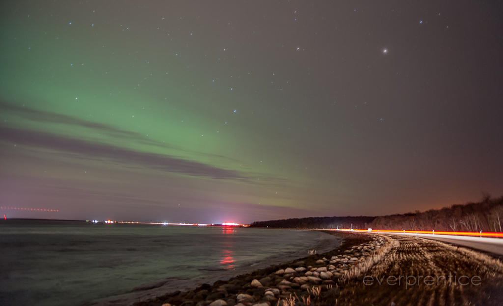 Northbound - Photo of the Northern Lights and a northbound vehicle in the night. Taken 03-18-2015 0255UTC  Read more: http://nikonites.com/gallery/showimage.php?i=49298&c=3#ixzz3UlMQ2Biw