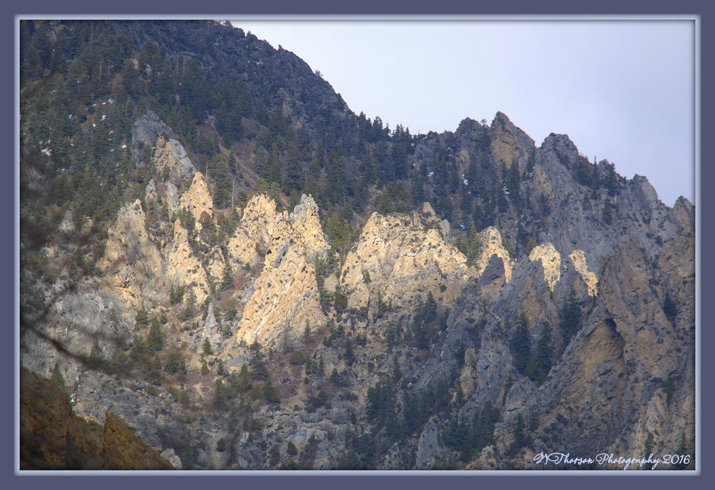 Sun Shining on Rock Peaks in Timponogas Canyon 3-7-2016.jpg