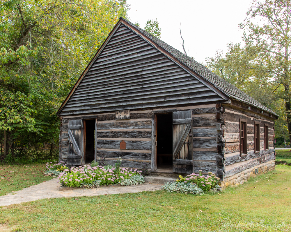 This church is located in the Pioneer Village at Spring Mill State Park, IN.  It is no longer used for services but has been restored as part of the tourist attraction.