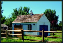 Out Building in Meadow with Robin on Fence.jpg